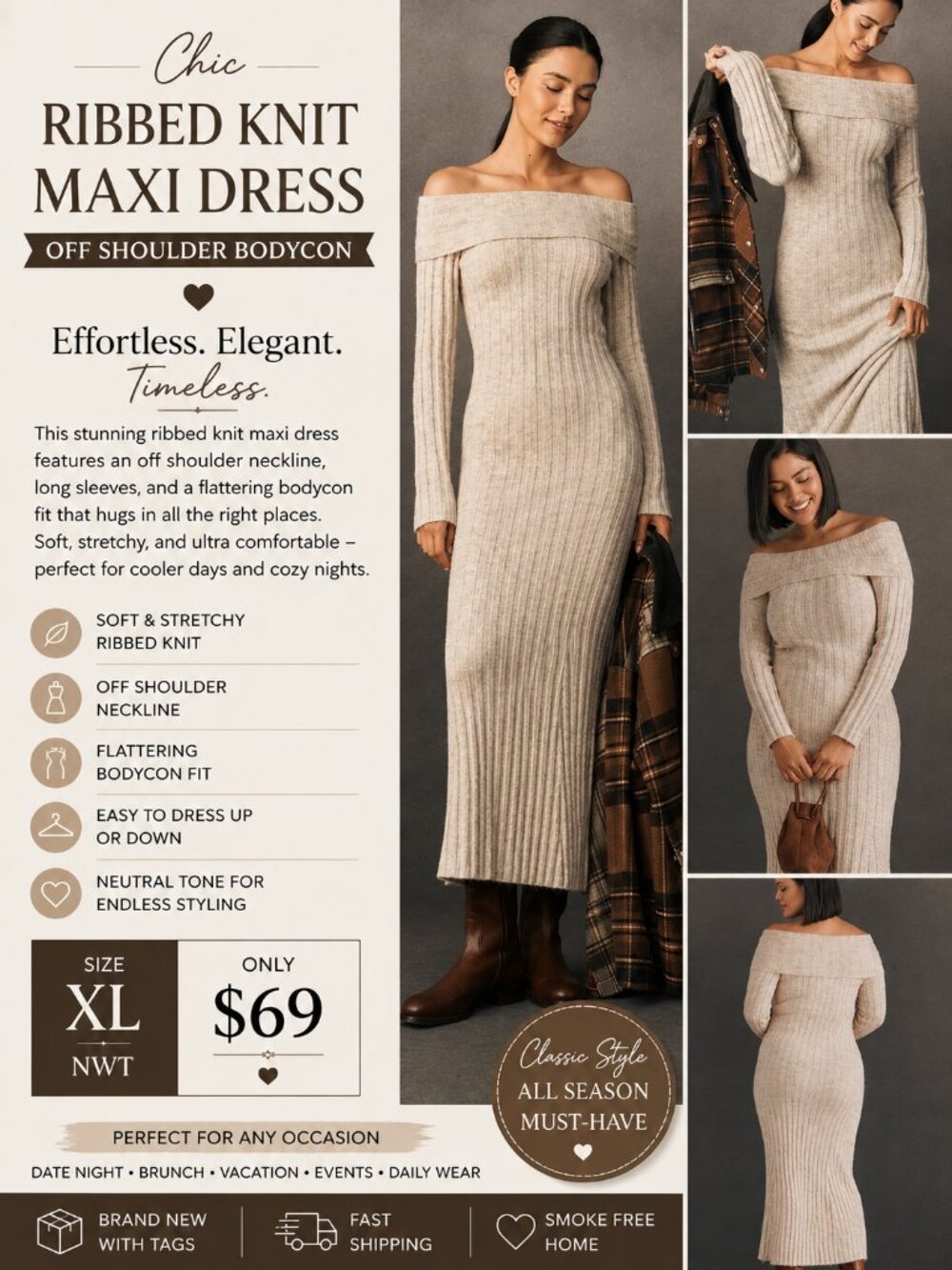 NWT Cream Ribbed Knit Off Shoulder Maxi Dress XL Bodycon Sweater Dress Cozy Chic - Picture 1 of 1